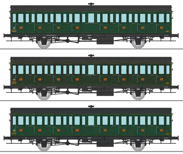REE Modeles VB-284 - French MIDI Railroad Set of three 3 x 15 meters 3rd class compartment coaches C8t n° 15650, 15684 a